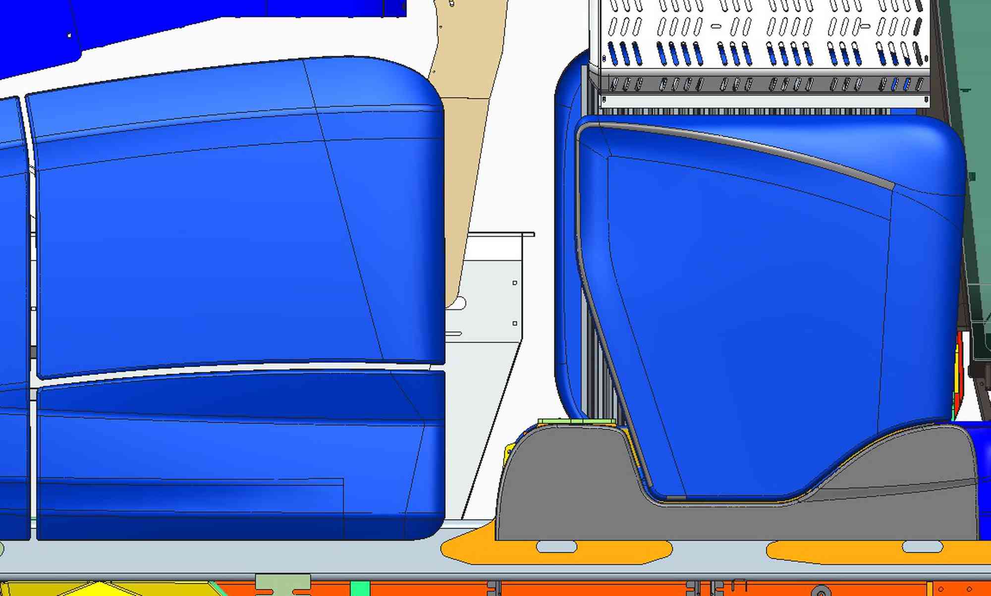 Engine hood, cooling system and chin skirt under cab